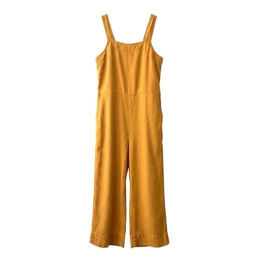 EVERLANE Linen Yellow Jumper Jumpsuit Wide Leg Square Neck Pockets Sz 0 Classic